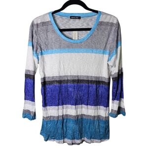 NWT‎ David Cline L Crew Neck 3/4 Sleeve Blue Print Crushed Shirt Casual Coastal